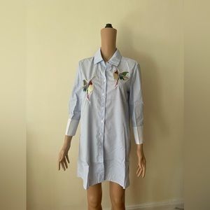 Brand new blue casual 3/4 sleeve bird pattern button down collared shirt top M